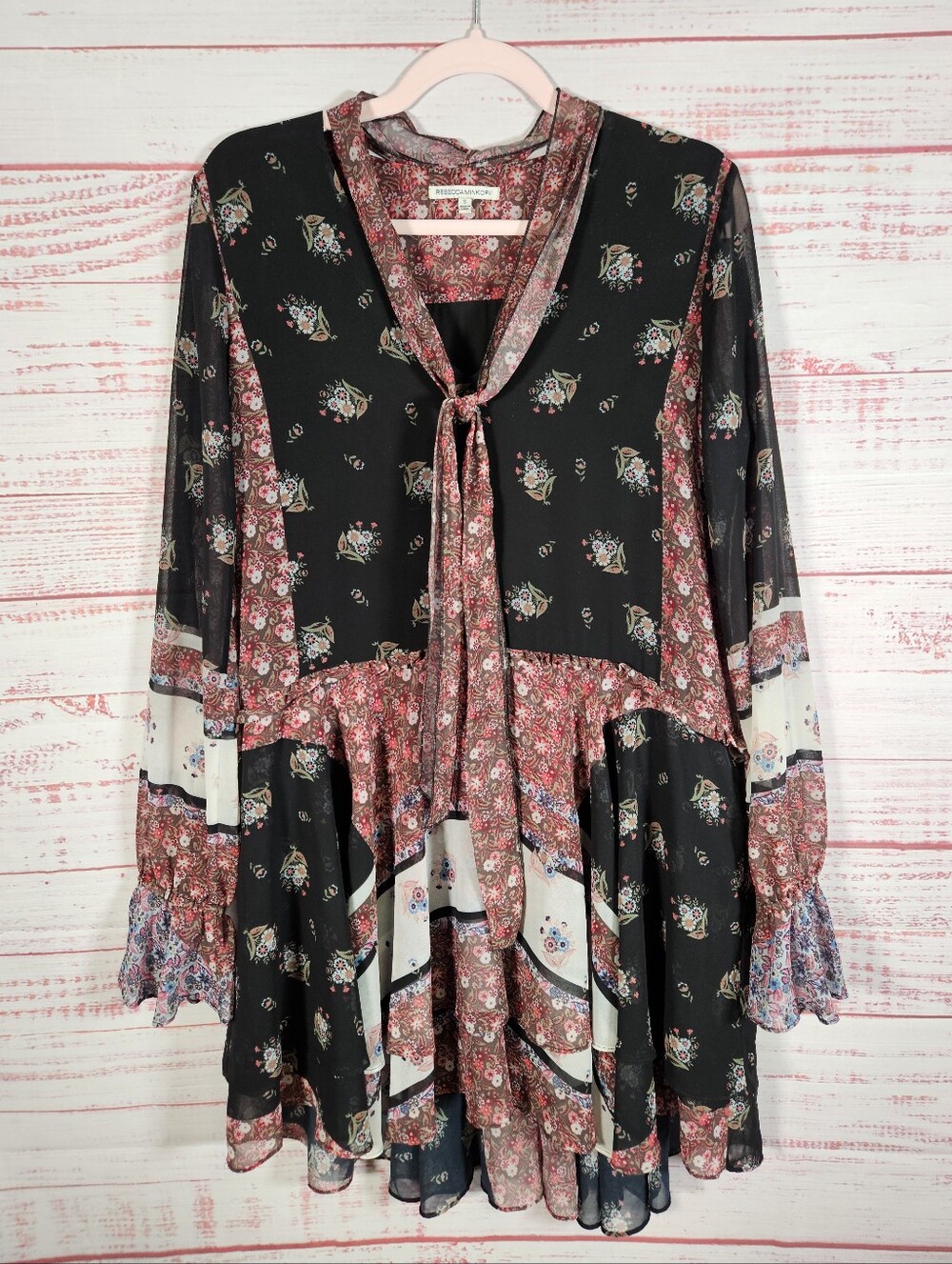 Rebecca Minkoff Black Floral Tie-Neck Tunic Dress